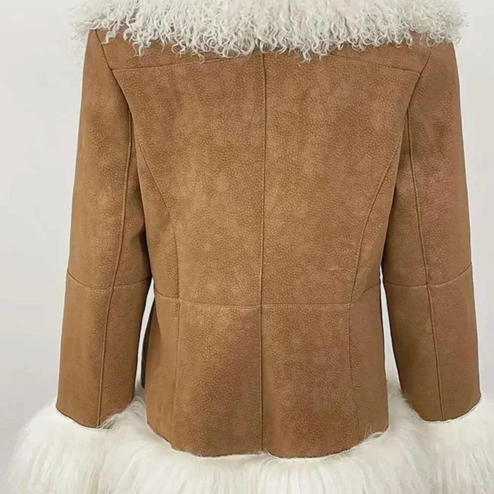 Luxurious Brown & Off White Mongolian Fur Penny Lane Retro 70s Jacket Coat - Picture 7 of 10